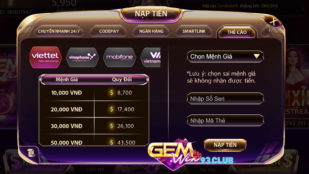 Nạp tiền gemwin bằng thẻ cào điện thoại Nạp tiền gemwin bằng thẻ cào điện thoại